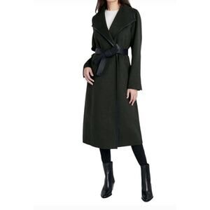 Tahari Women’s Faux Leather Trim Belter Wrap Coat Olive XXL MSRP $350